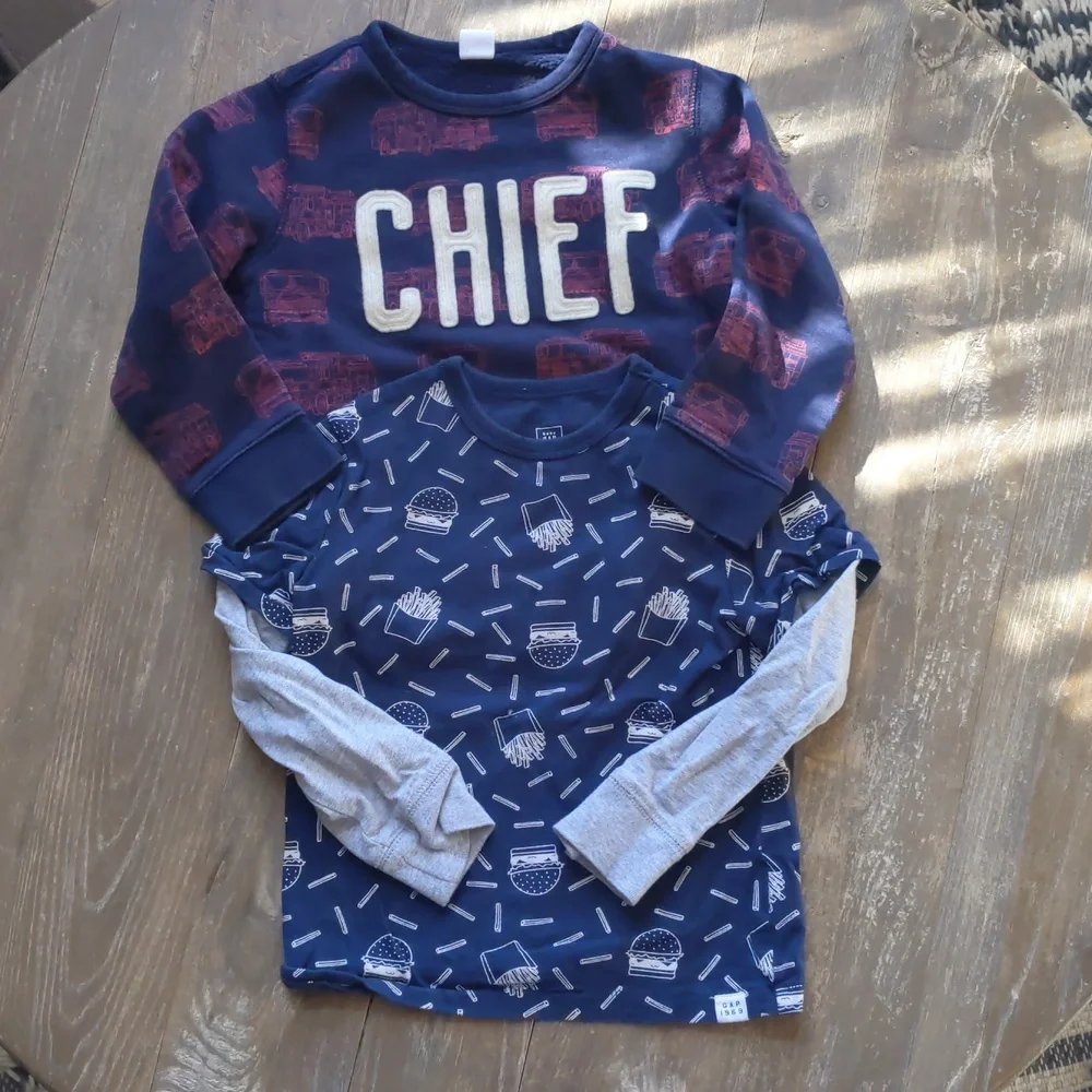 Two (2) Size 5 Gap long sleeve tees burgers and fries and chief firetruck print